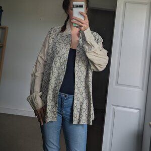 100% raw linen button down shirt with blue embroidery